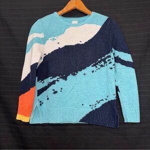 Nic + Zoe knit sweater petite PP XS Navy Blue Abstract Crew Neck Long Sleeve